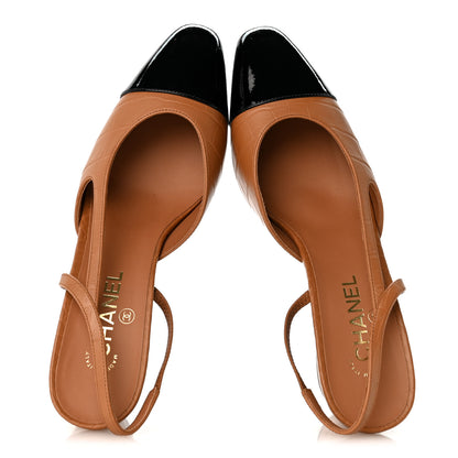Chanel Calfskin Crocodile Embossed Patent Cap Toe CC Slingback Pumps 41.5 Light Brown Black 2 of 9