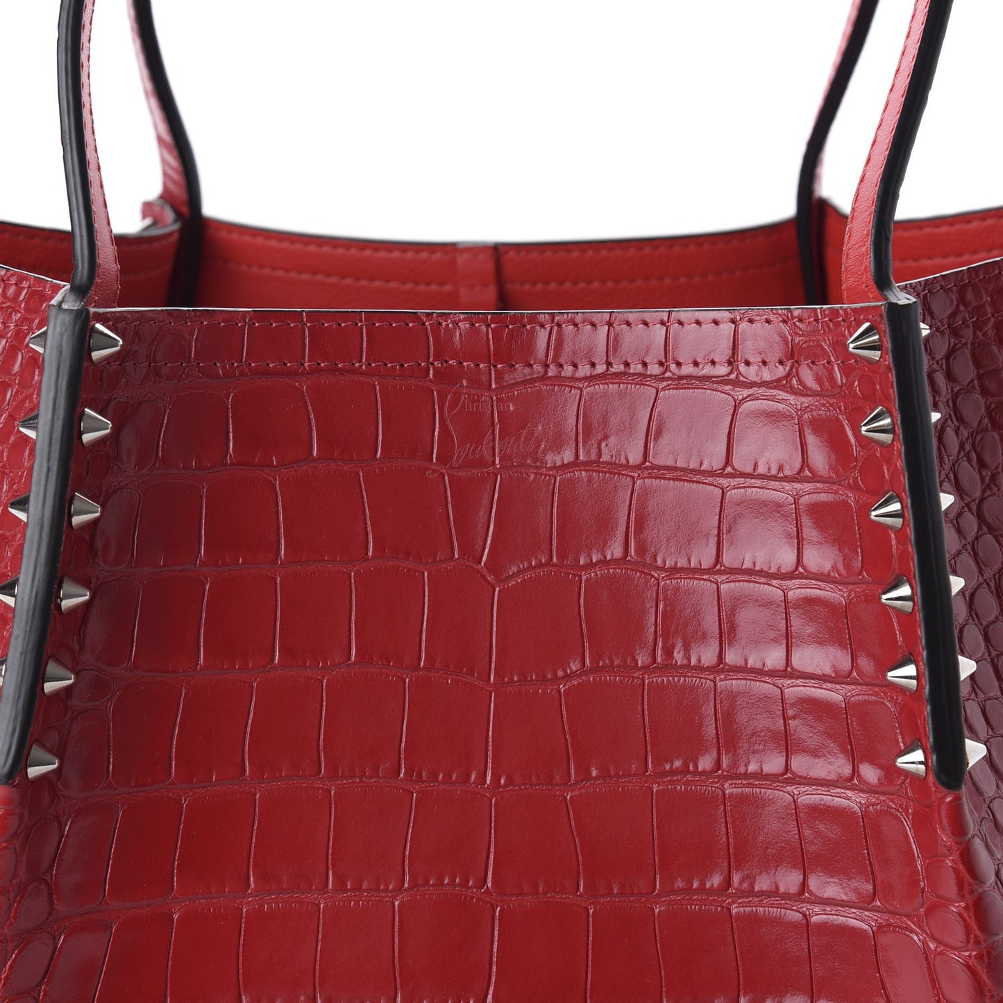 Crocodile Embossed Calfskin Spiked Small Cabarock Shopper Tote Red