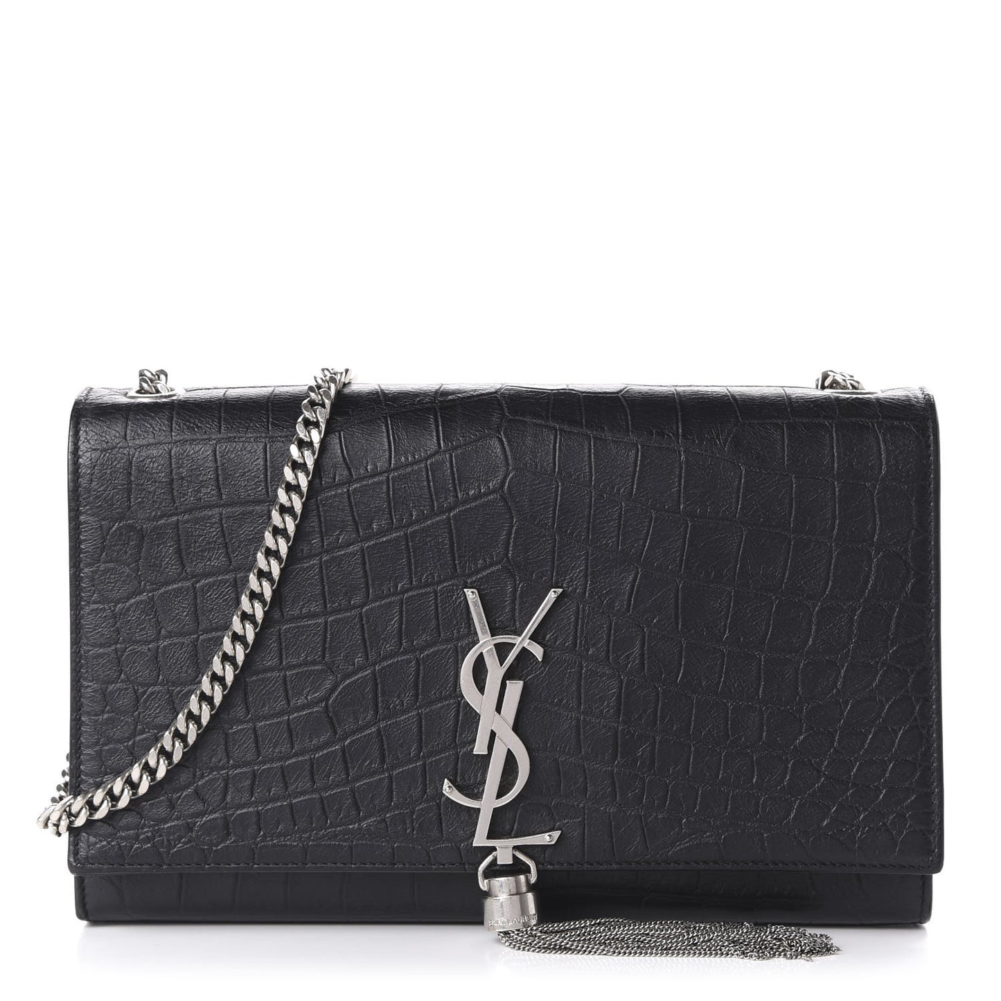 Calfskin Crocodile Embossed Medium Classic Monogram Kate Tassel Satchel Black