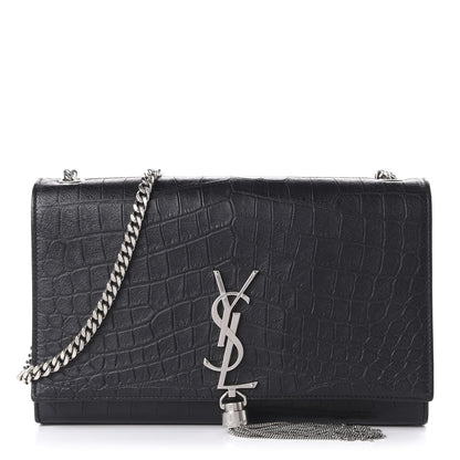 Saint Laurent Calfskin Crocodile Embossed Medium Classic Monogram Kate Tassel Satchel Black 1 of 9