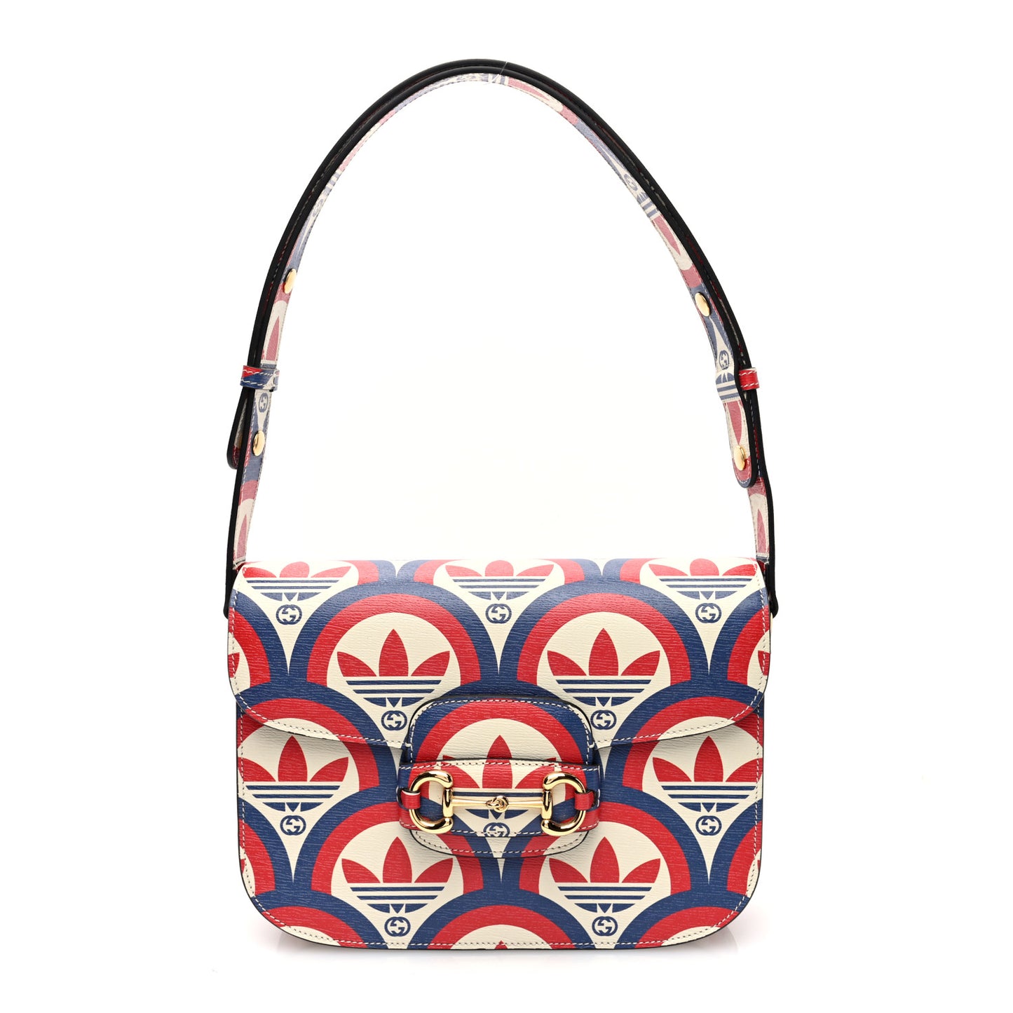 X ADIDAS Shangai Calfskin Web Trefoil Interlocking G Small Horsebit 1955 Shoulder Bag Red White Blue