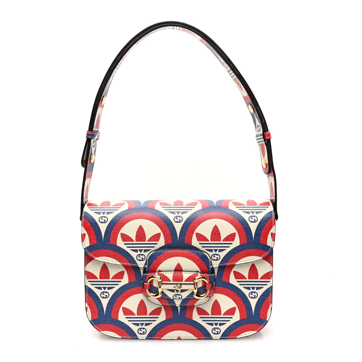 Gucci X ADIDAS Shangai Calfskin Web Trefoil Interlocking G Small Horsebit 1955 Shoulder Bag Red White Blue 1 of 9