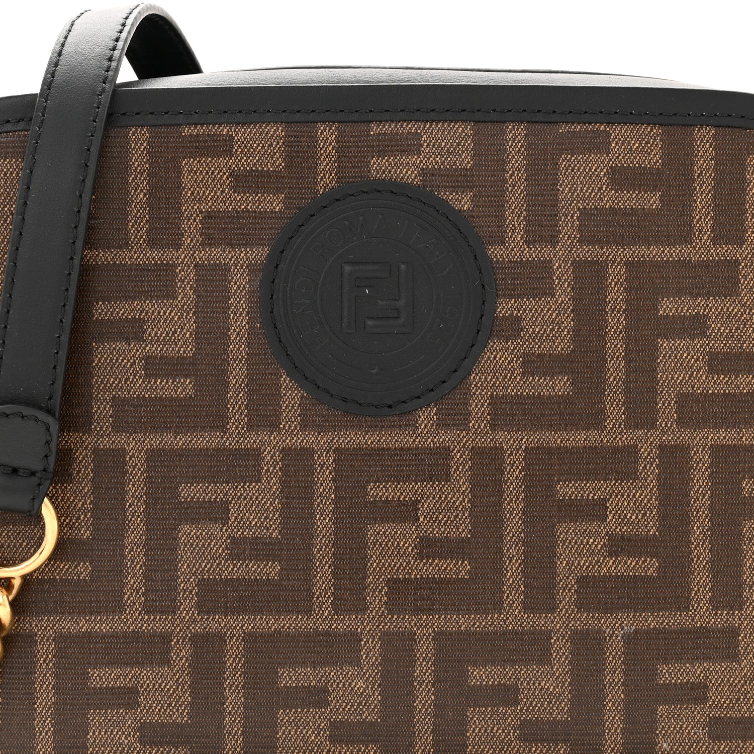 Fendi Glazed Fabric Vitello Century FF 1974 Stamp Patch Camera Case Mogano Panna Black 7 of 9