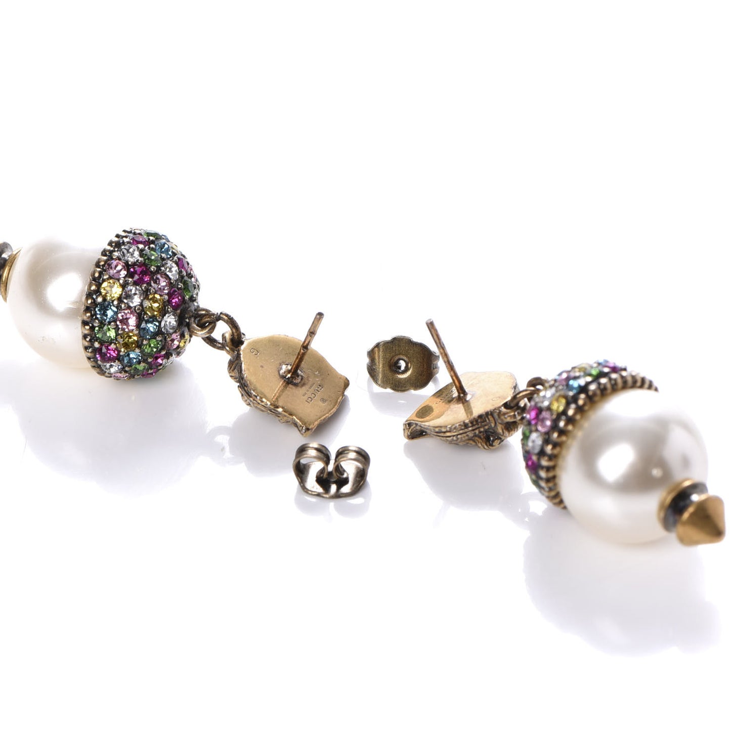 Metal Crystal Pearl Feline Earrings Aged Gold Multicolor
