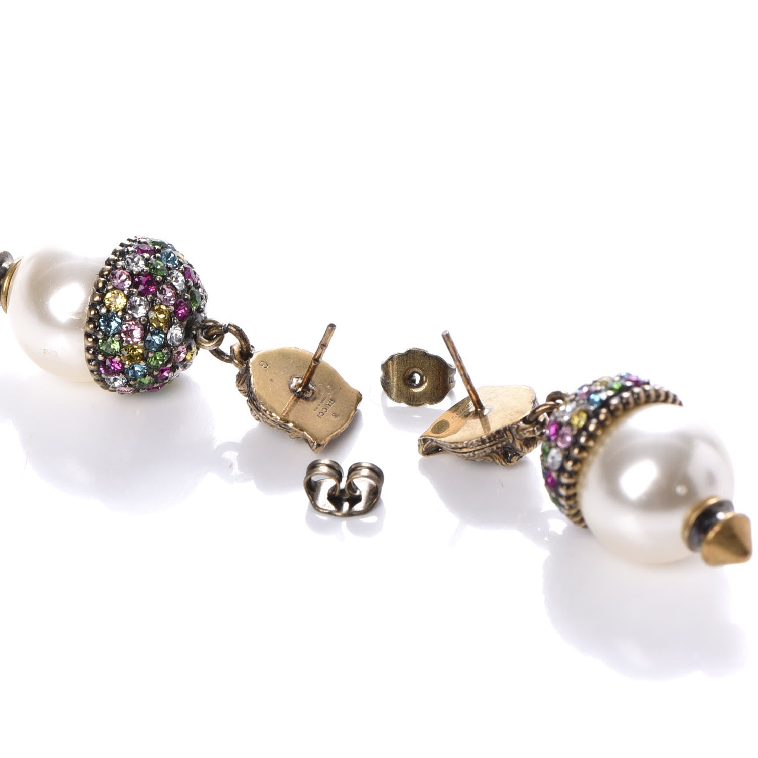 Gucci Metal Crystal Pearl Feline Earrings Aged Gold Multicolor 4 of 4