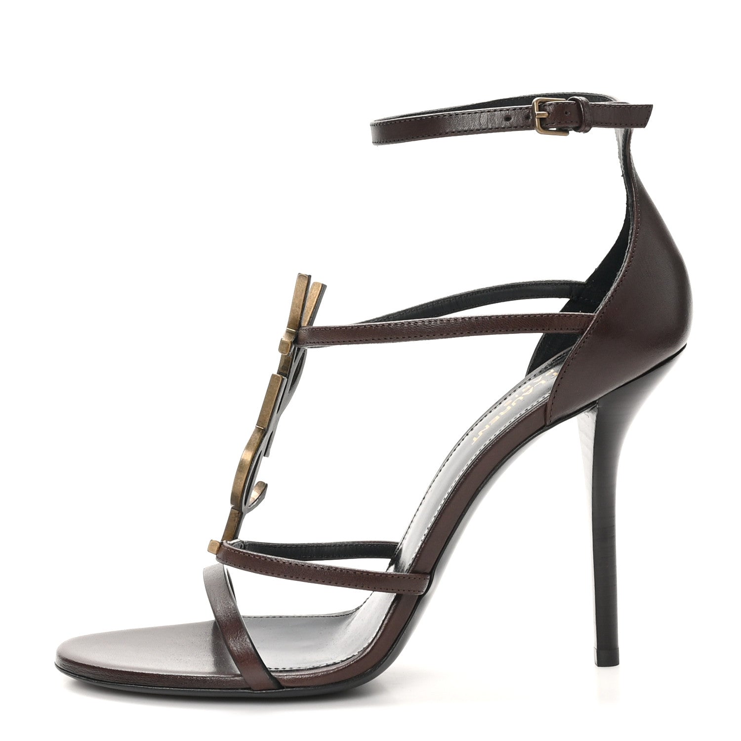 Saint Laurent Calfskin Cassandra Palm Logo 100 Ankle Strap Sandals 40 Moro 1 of 9