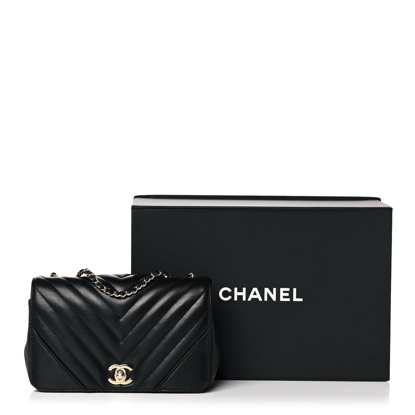 Calfskin Chevron Quilted Medium Statement Flap Black