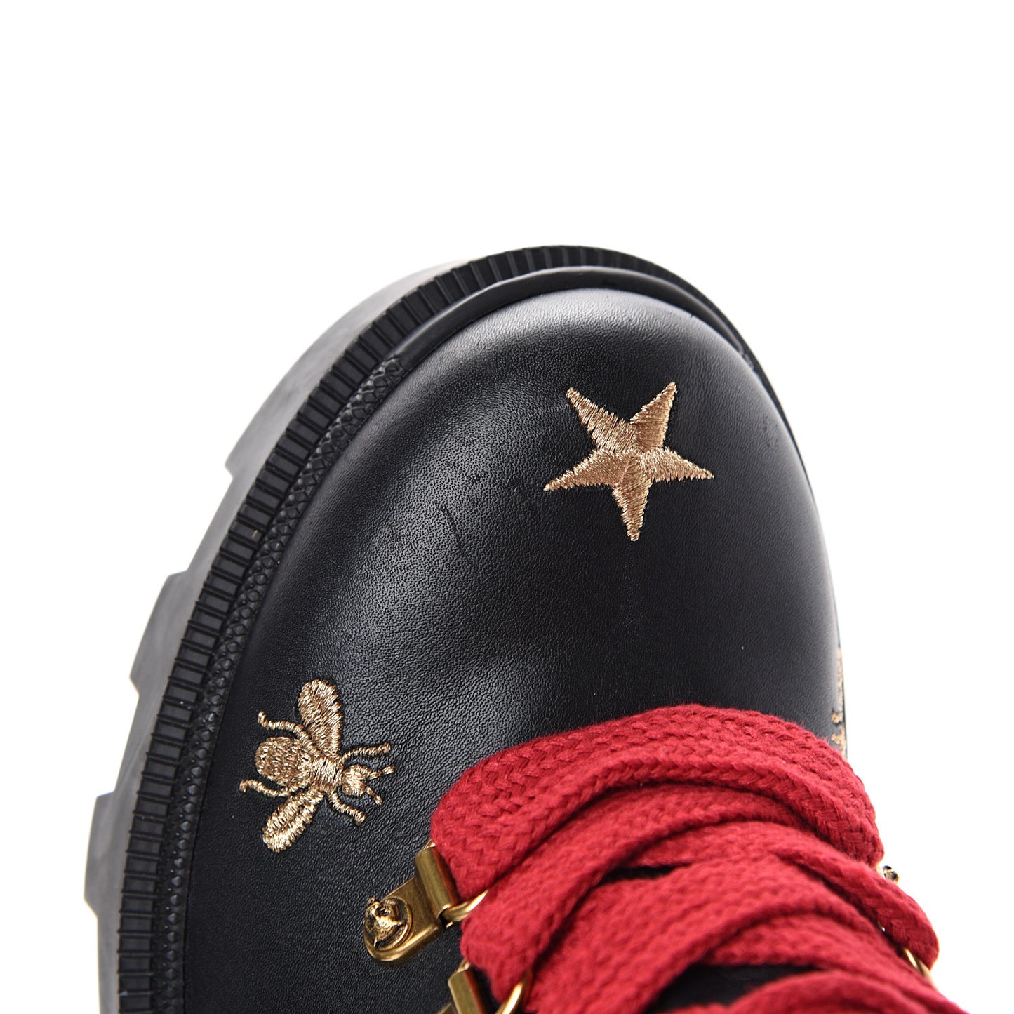 Calfskin Embroidered Lace Up Combat Ankle Boots 37.5 Black