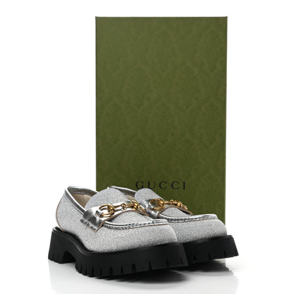 Gucci Mini Diamond Storm Silk Calfskin Womens Harald Horsebit 25mm Platform Loafers 36.5 Silver 10 of 10