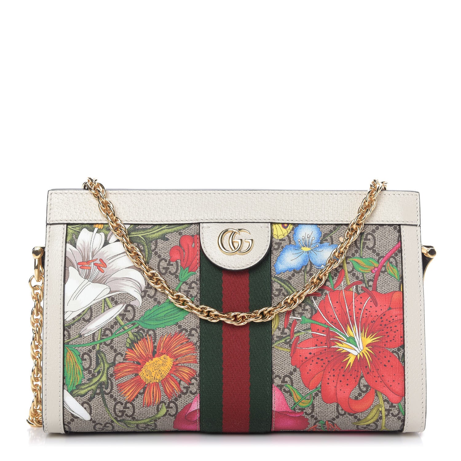 Gucci GG Supreme Monogram Flora Web Small Ophidia Chain Shoulder Bag White 1 of 9