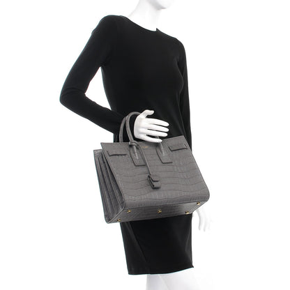 Saint Laurent Calfskin Crocodile Embossed Small Sac De Jour Fog 3 of 8