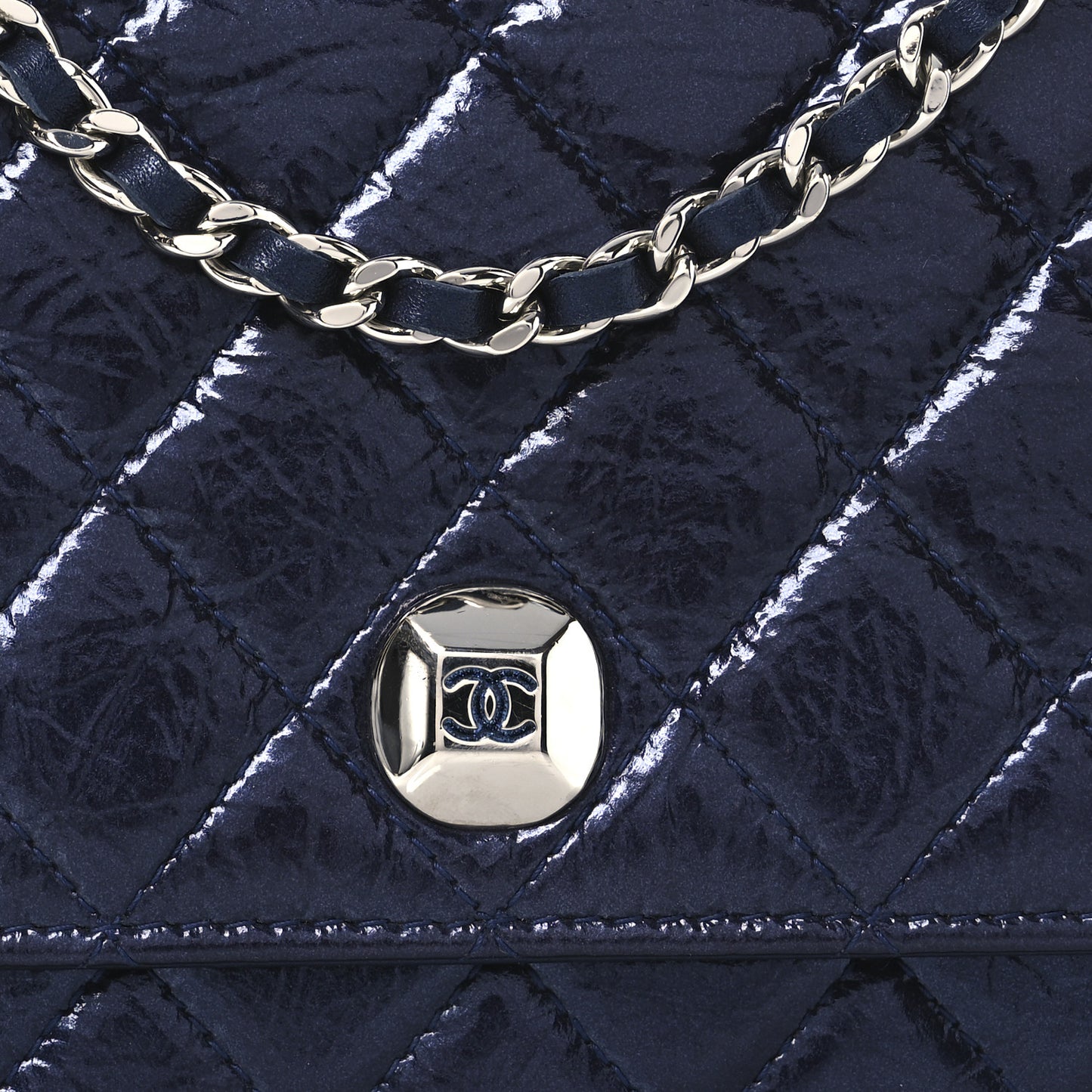Patent Metallic Crumpled Calfskin Quilted Wallet On Chain WOC Navy