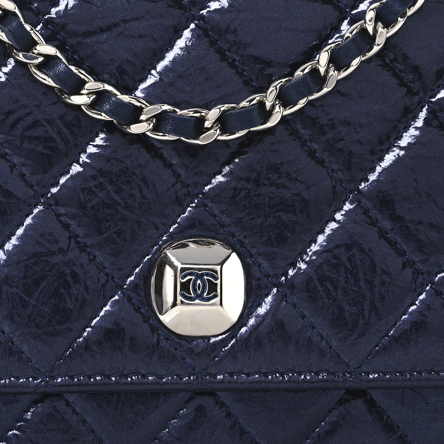 Chanel Patent Metallic Crumpled Calfskin Quilted Wallet On Chain WOC Navy 9 of 11