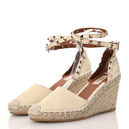 Valentino Garavani Grained Calfskin Rockstud Ankle Wrap Espadrille 15/85mm Wedges 38 Light Ivory 3 of 15