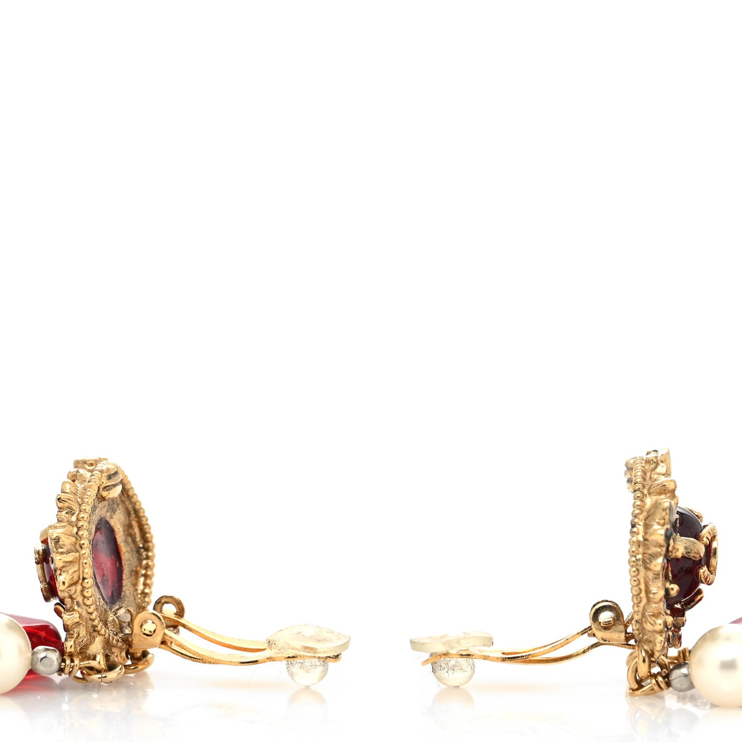 Pearl Bead Chain CC Dangle Clip On Earrings Gold
