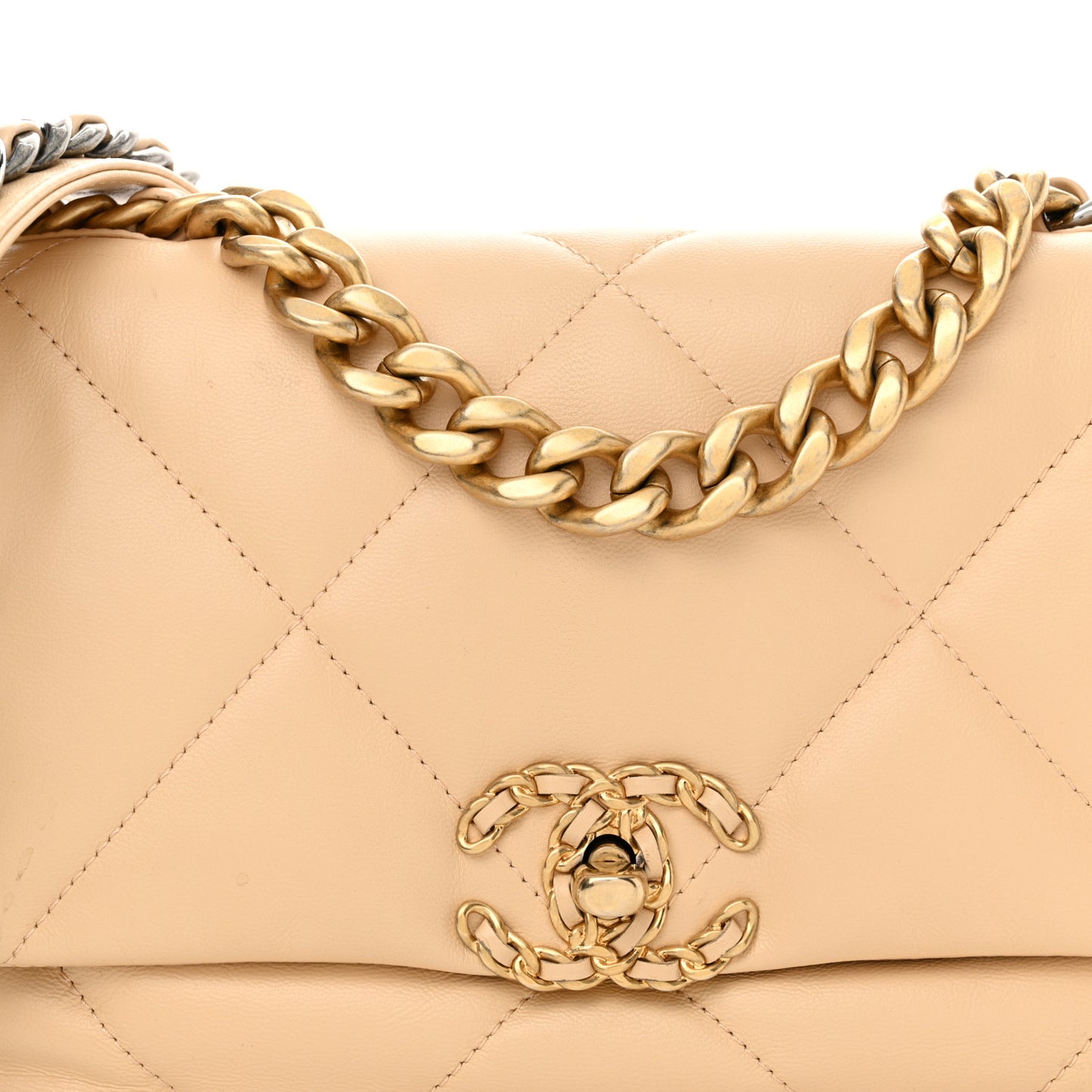 Shiny Goatskin Quilted Medium Chanel 19 Flap Beige