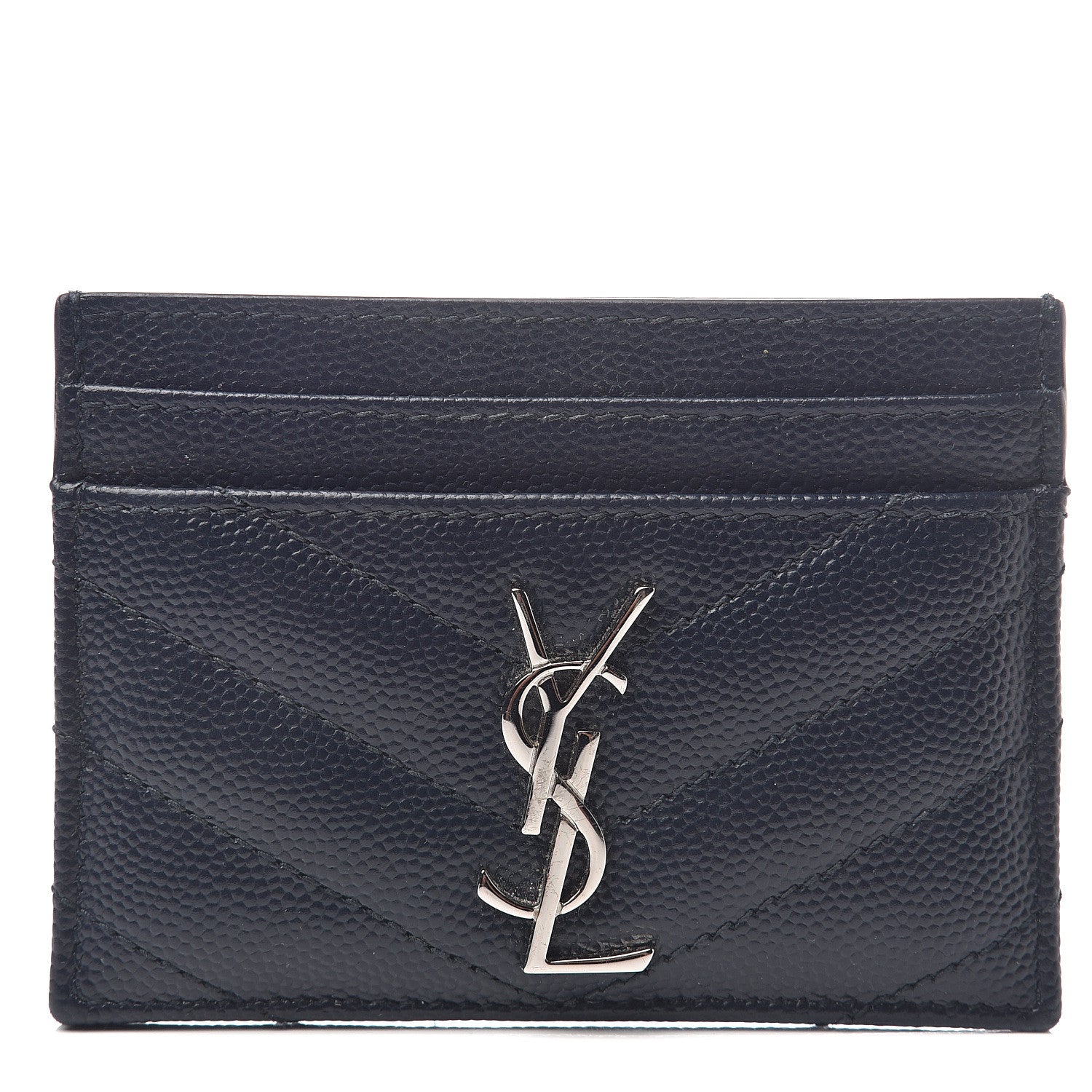 Saint Laurent Grain De Poudre Matelasse Monogram Chevron Credit Card Case Deep Marine 1 of 6