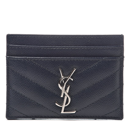 Saint Laurent Grain De Poudre Matelasse Monogram Chevron Credit Card Case Deep Marine 1 of 6