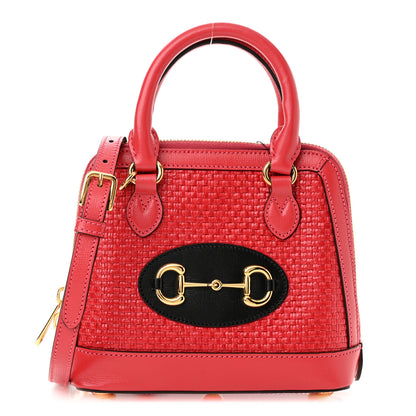 Gucci Straw Azalea Calfskin Woven Mini Horsebit 1955 Top Handle Bag Coral Wave Black 1 of 10