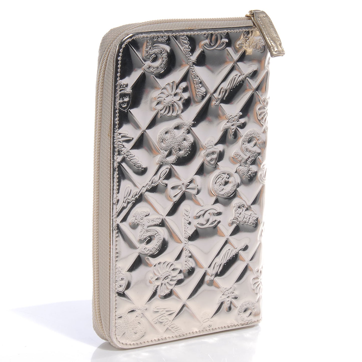 Patent Calfskin Lucky Symbols Zip Around Wallet Gold