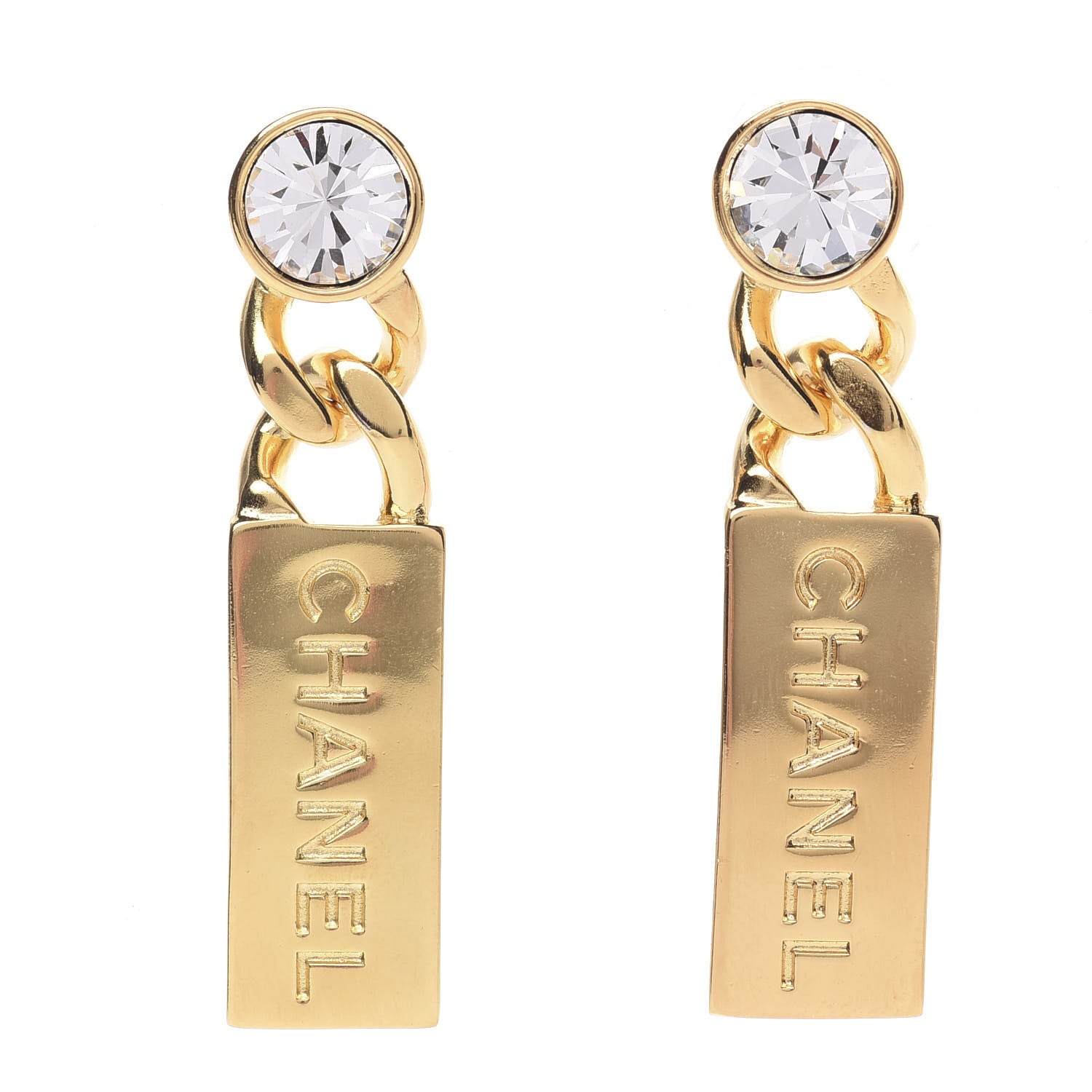 Chanel Crystal Tag Drop Earrings Gold 1 of 5