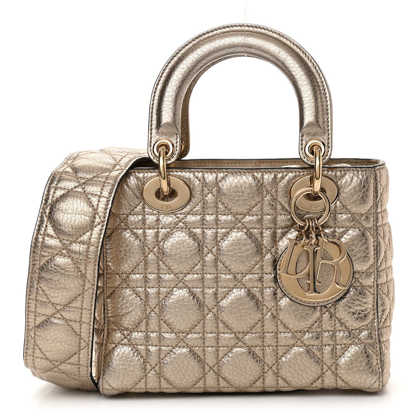 Metallic Grained Calfskin Cannage Small Supple Lady Dior Pale Gold