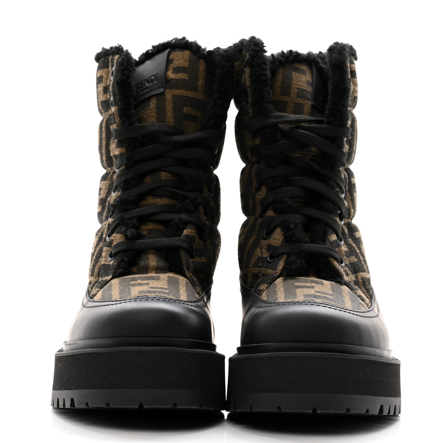 Fendi Vitello Nylon Jacquard Fabric FF Signature Biker Boots 35.5 Black Tobacco 2 of 9