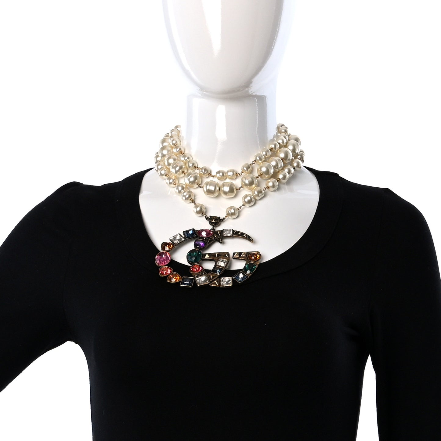 Crystal Pearl Double G Necklace Aged Gold Multicolor