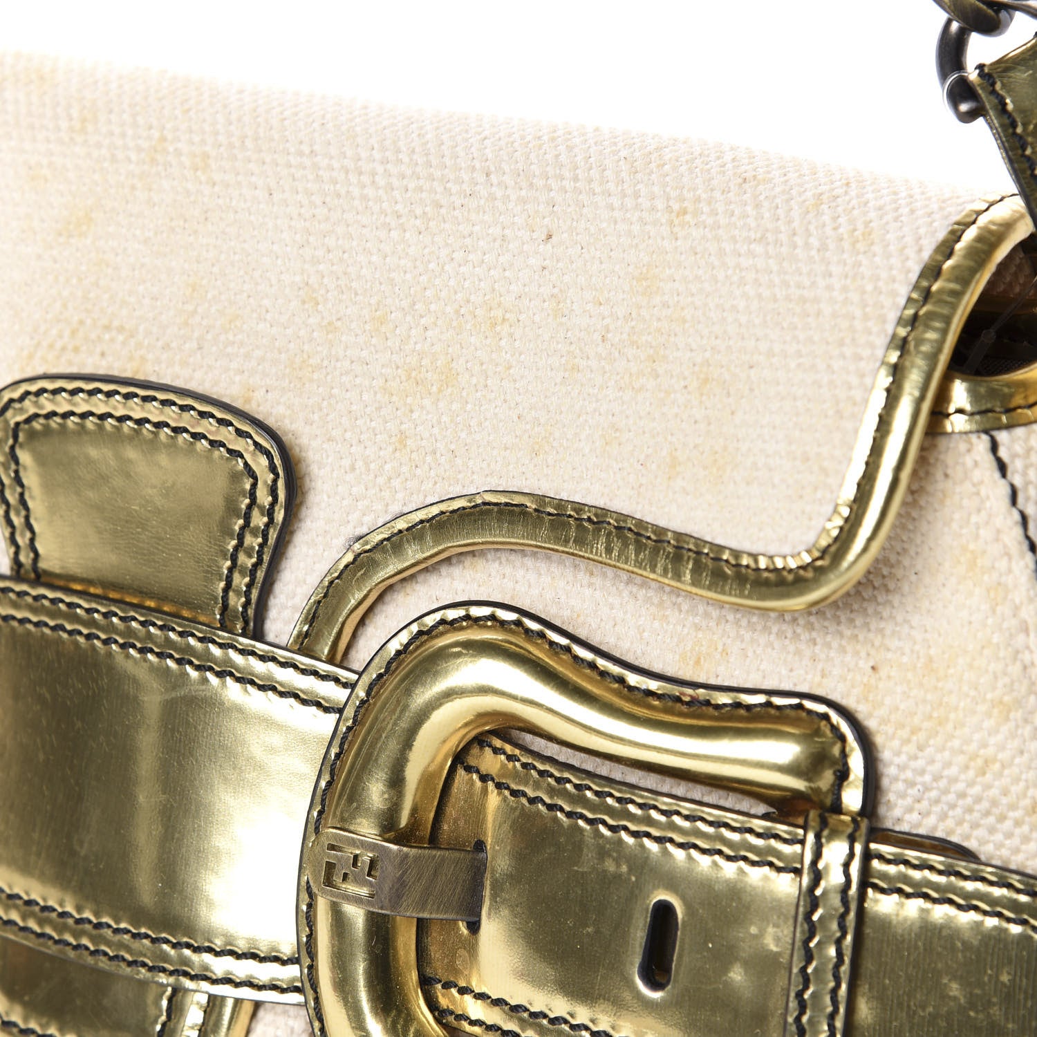 Fendi Canvas Metallic Calfskin B Bis Flap Bag Natural Gold 8 of 17