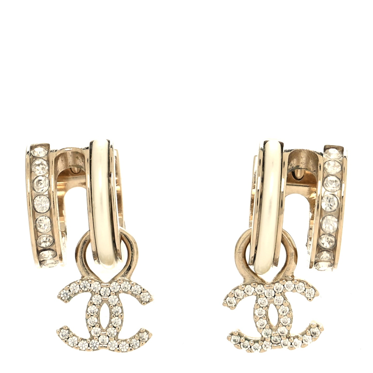 Crystal CC Hoop Drop Earrings Gold Pearly White