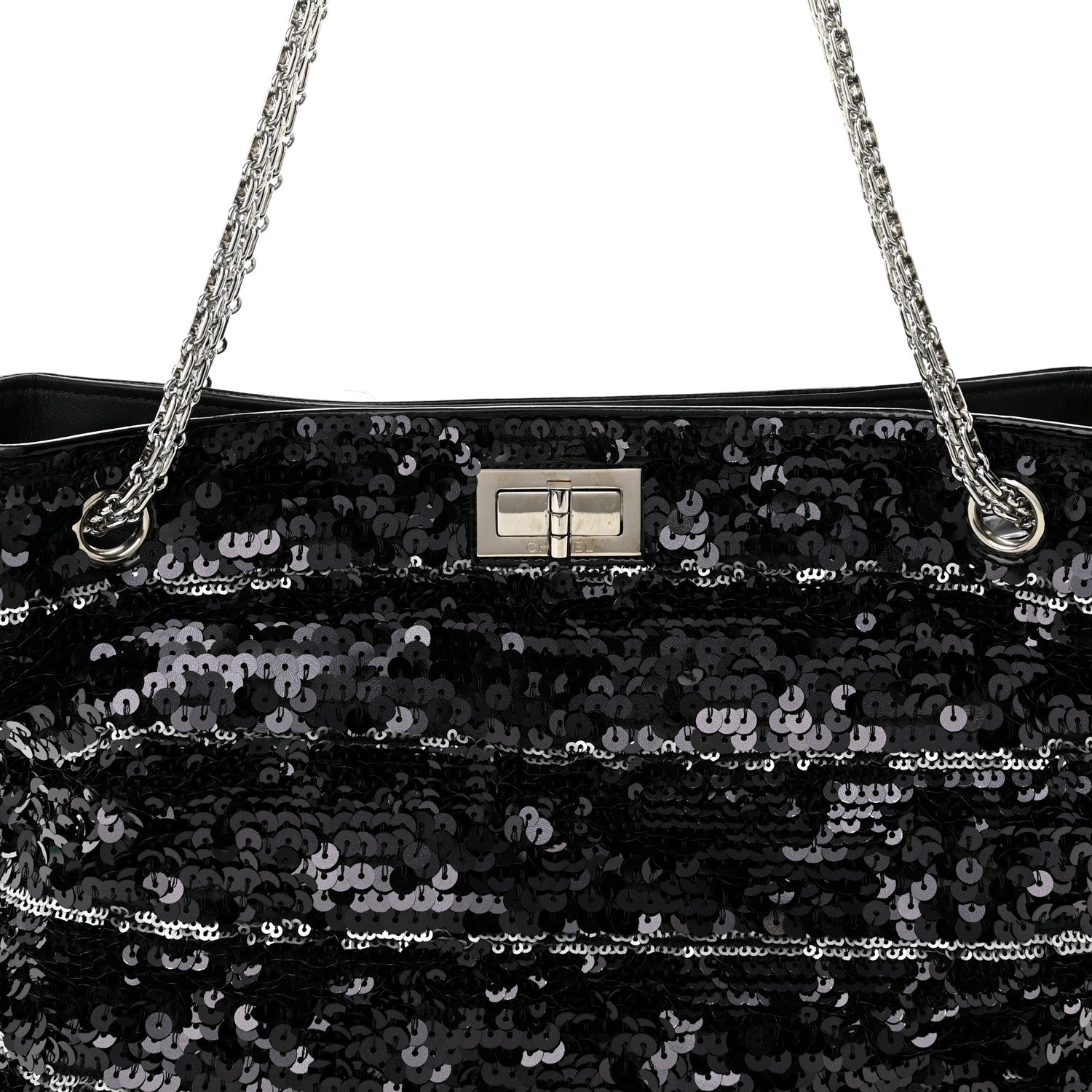Chanel Sequin Striped Mademoiselle Tote Black Silver 7 of 9