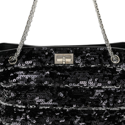 Chanel Sequin Striped Mademoiselle Tote Black Silver 7 of 9