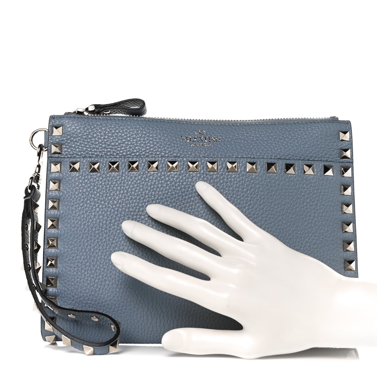 Calfskin Rockstud Wristlet Clutch Blue
