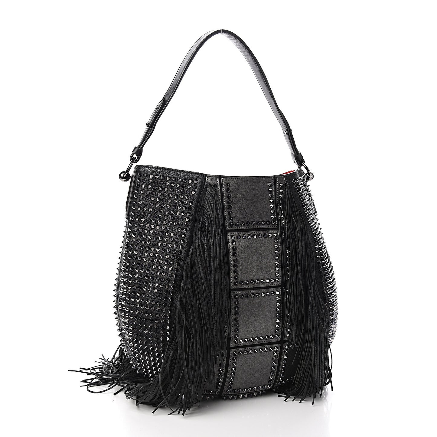 Metallic Sheepskin Spikes Fringed Lucky L Hobo Anthracite