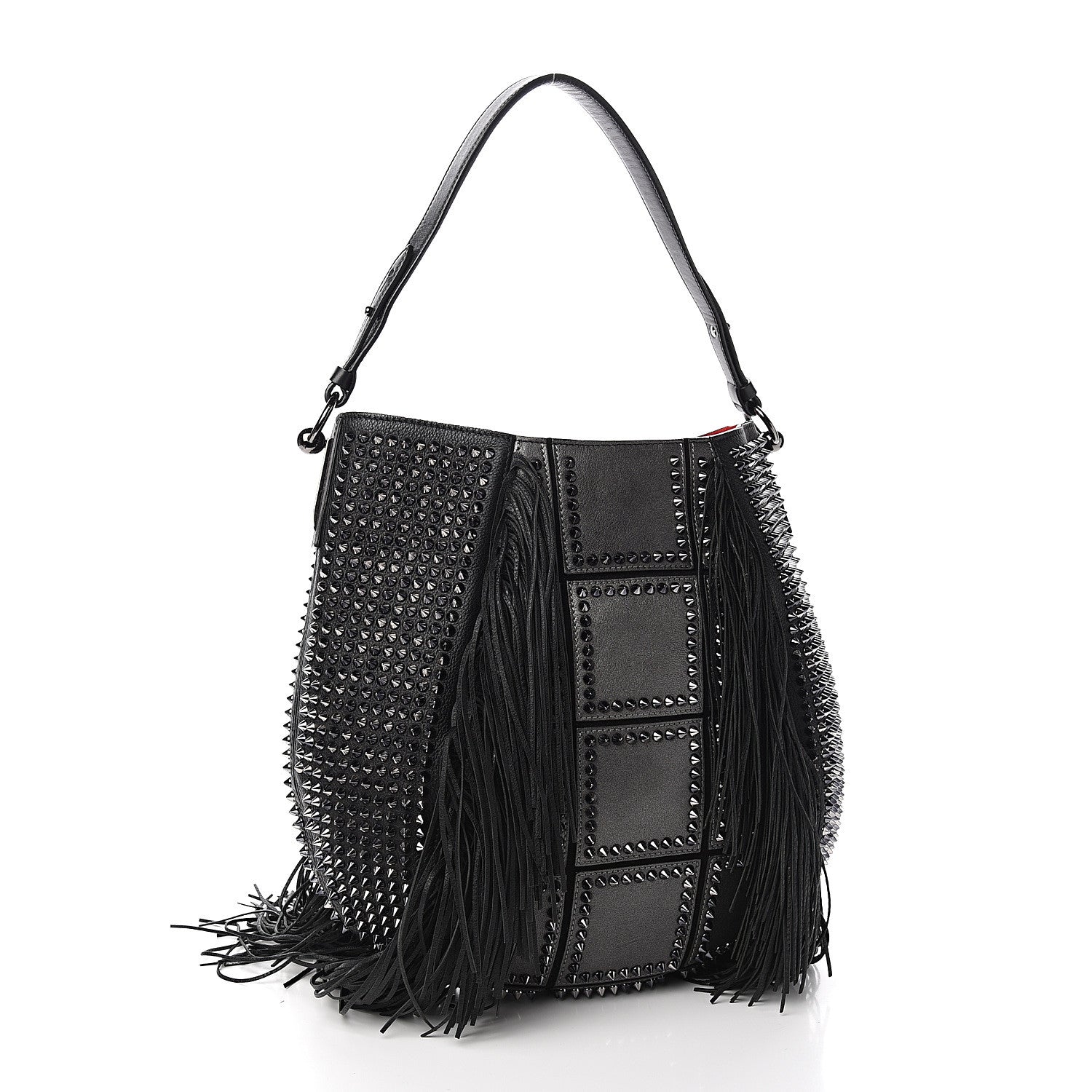 Christian Louboutin Metallic Sheepskin Spikes Fringed Lucky L Hobo Anthracite 2 of 8