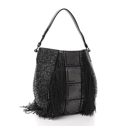 Christian Louboutin Metallic Sheepskin Spikes Fringed Lucky L Hobo Anthracite 2 of 8