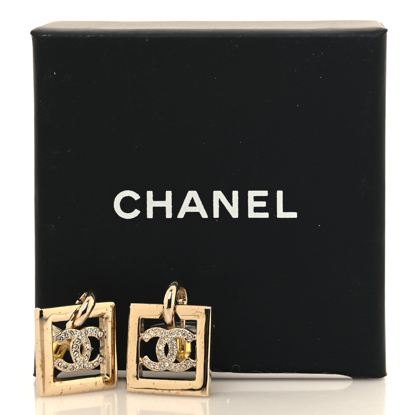 Metal Crystal Square CC Dangle Earrings Gold