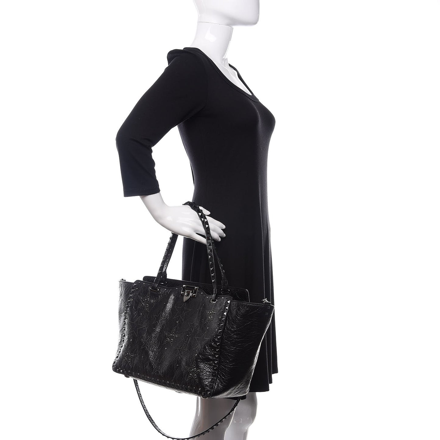 Craquele Calfskin Star Studded Medium Rockstud Tote Black