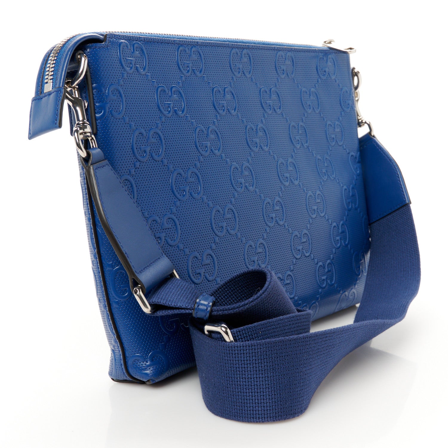 Gucci Calfskin GG Tennis Embossed Medium Wristlet Messenger Bag Intense Metal Blue 3 of 11
