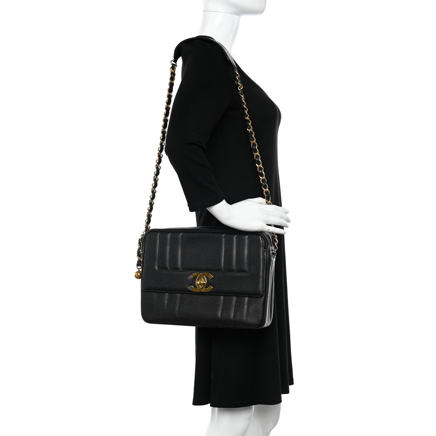Caviar Vertical Quilted Flap Camera Bag Black