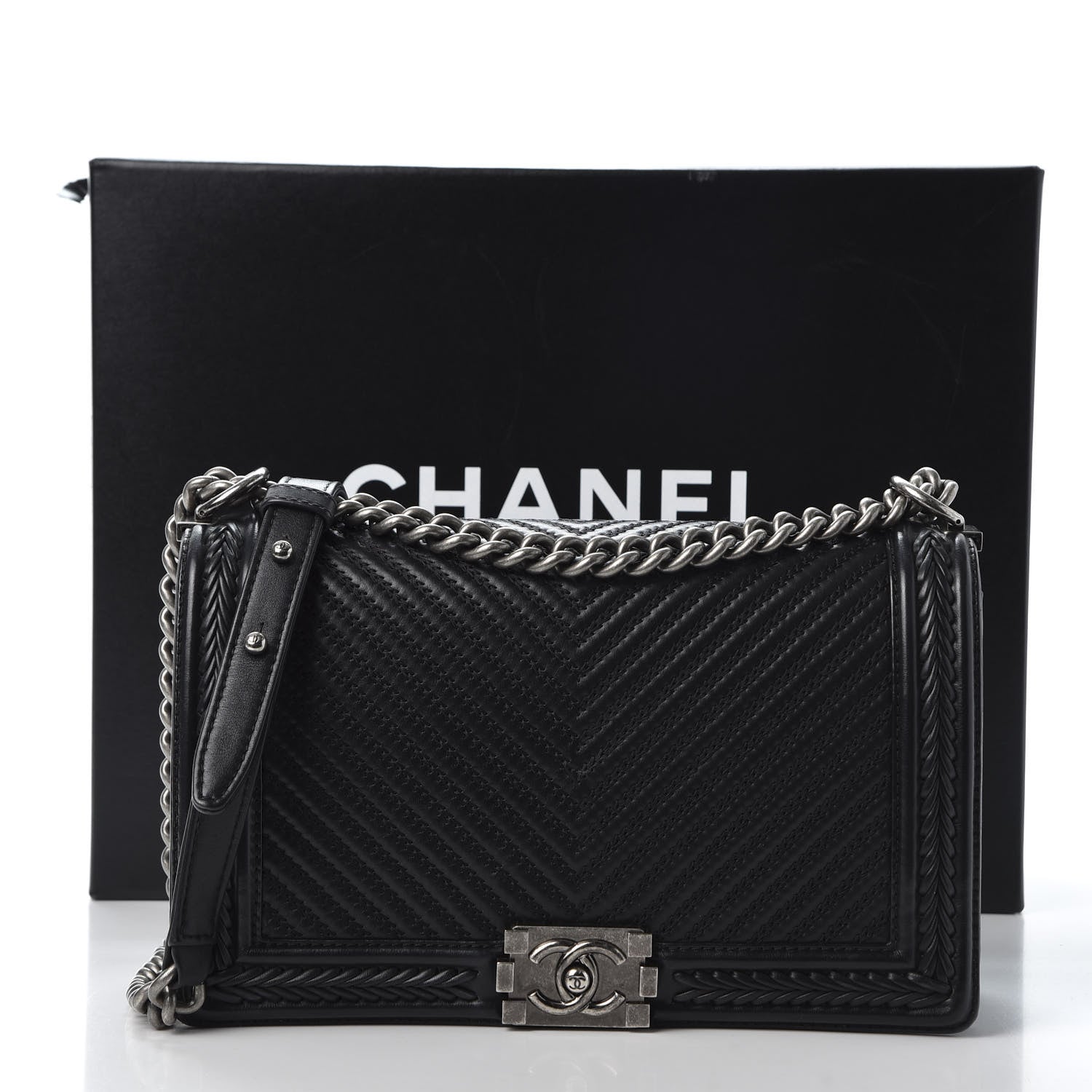 Chanel Calfskin Chevron Quilted New Medium Braided Boy Flap Black 10 of 10