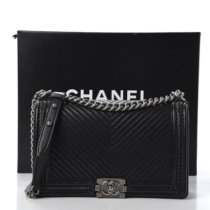 Chanel Calfskin Chevron Quilted New Medium Braided Boy Flap Black 10 of 10