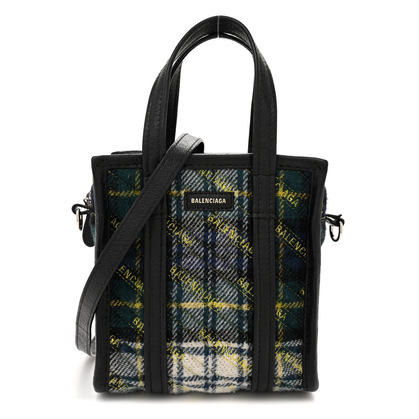 Wool Cuir Arena Plaid Diagonal Allover Logo Matelasse XXS Bazar Shopper Tote Green Blue Yellow