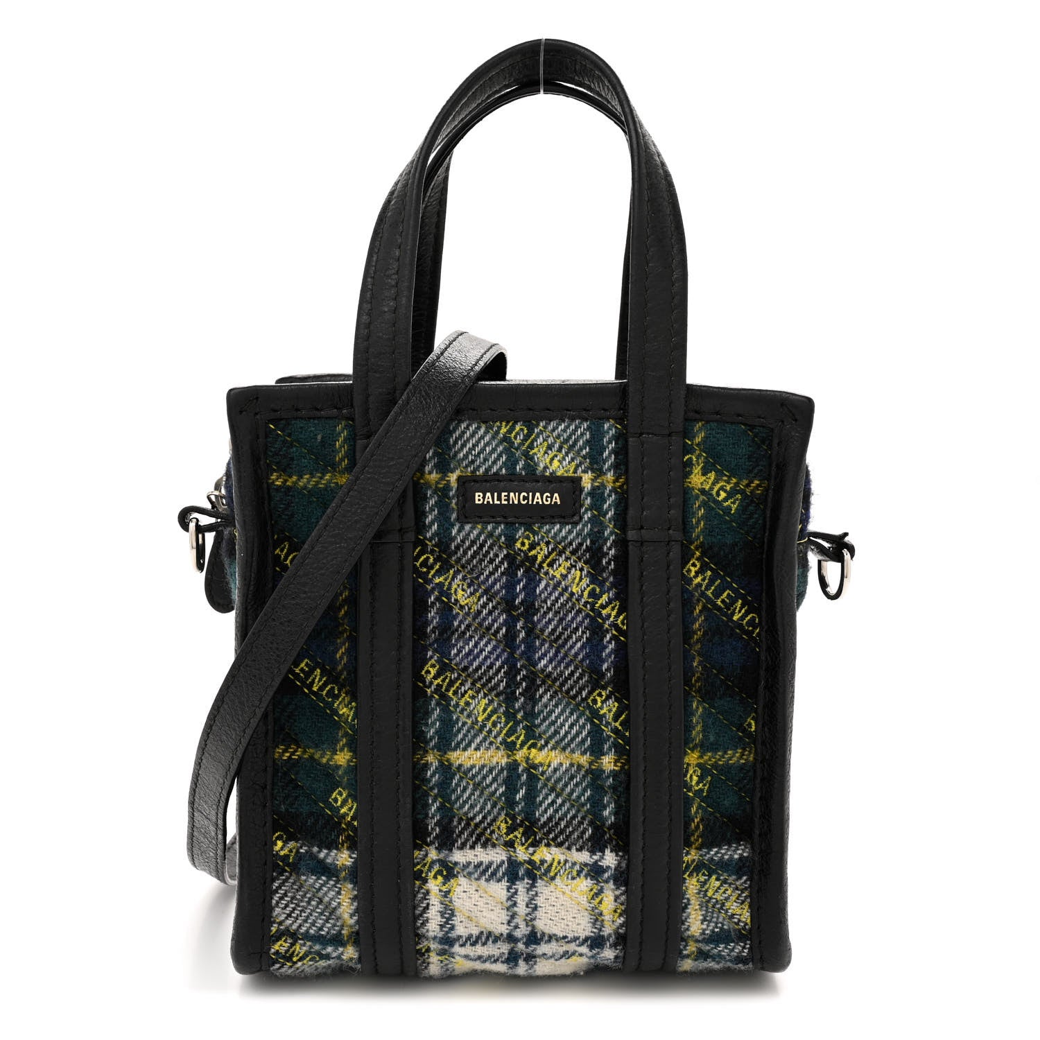 Balenciaga Wool Cuir Arena Plaid Diagonal Allover Logo Matelasse XXS Bazar Shopper Tote Green Blue Yellow 1 of 16