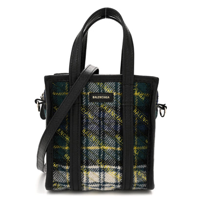 Balenciaga Wool Cuir Arena Plaid Diagonal Allover Logo Matelasse XXS Bazar Shopper Tote Green Blue Yellow 1 of 16