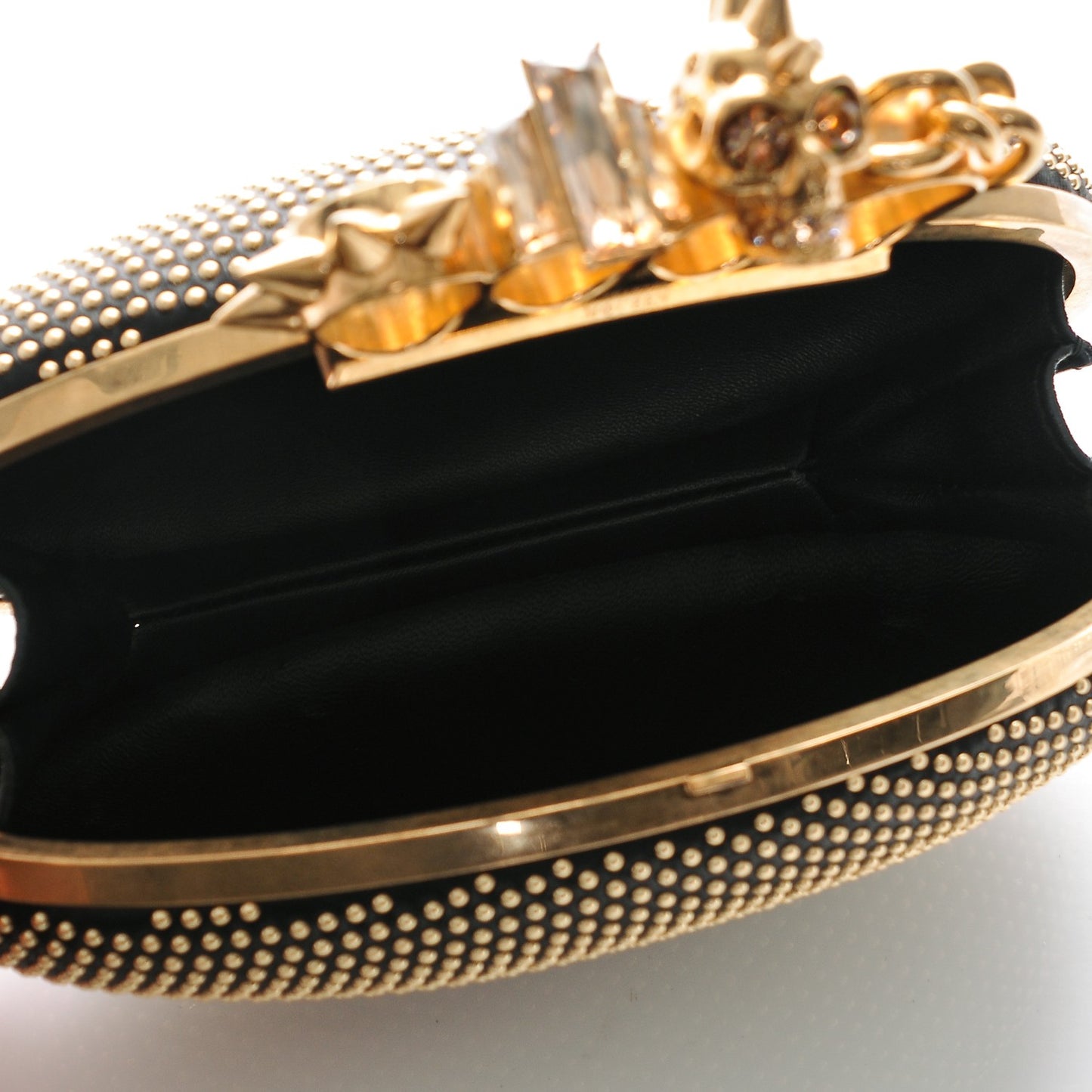 Nappa Studded Skull Knuckle Oval Box Clutch Black