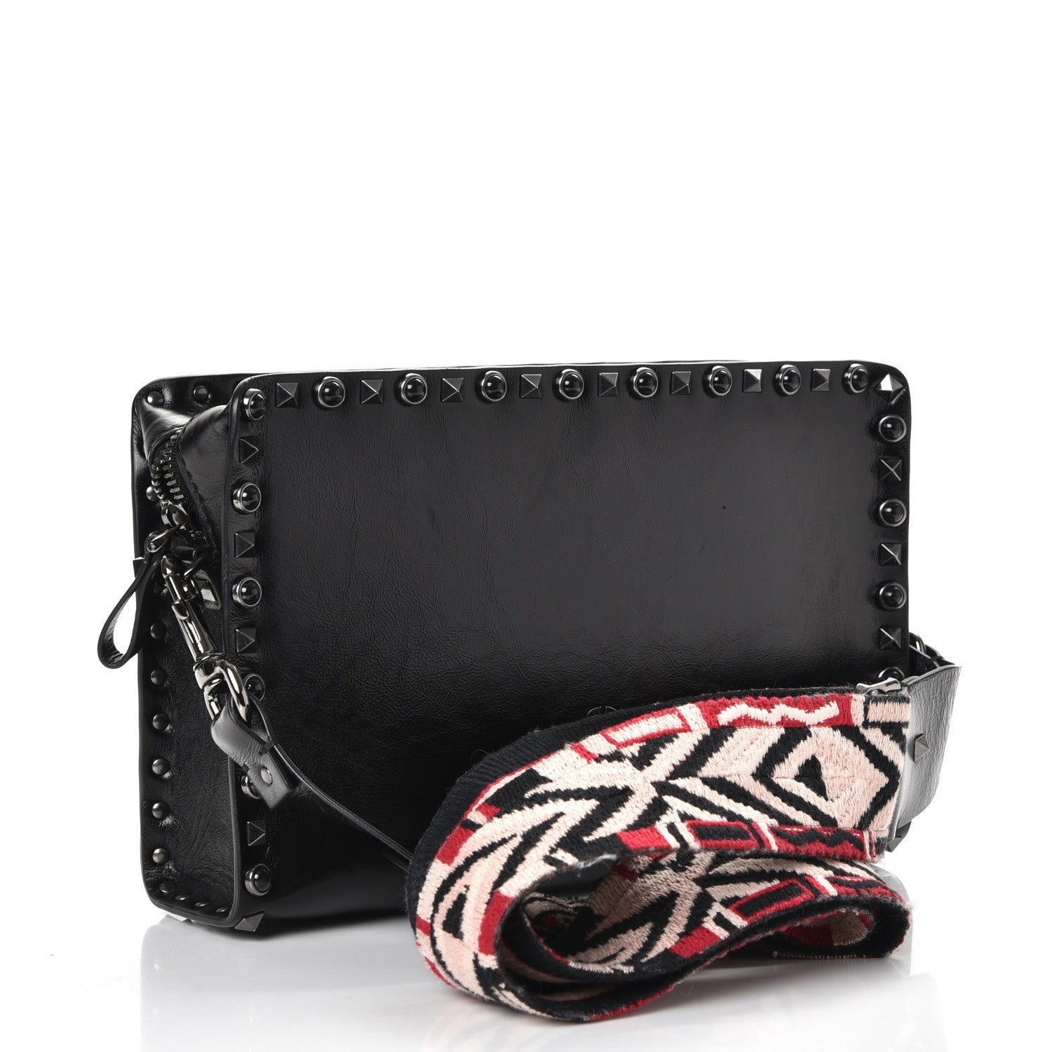 Valentino Garavani Craquele Calfskin Small Guitar Strap Rockstud Rolling Flap Pocket Shoulder Bag Black 3 of 7