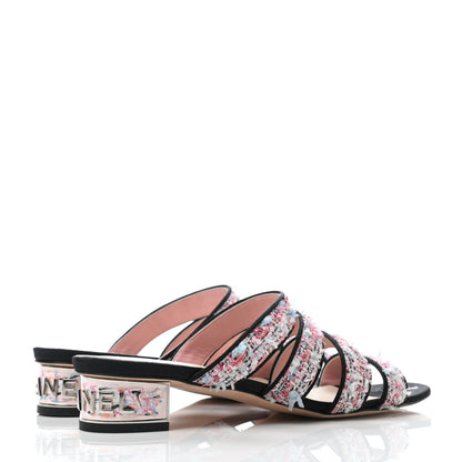 Chanel Tweed Grosgrain Sandals 39.5 Black Blue Pink 3 of 6