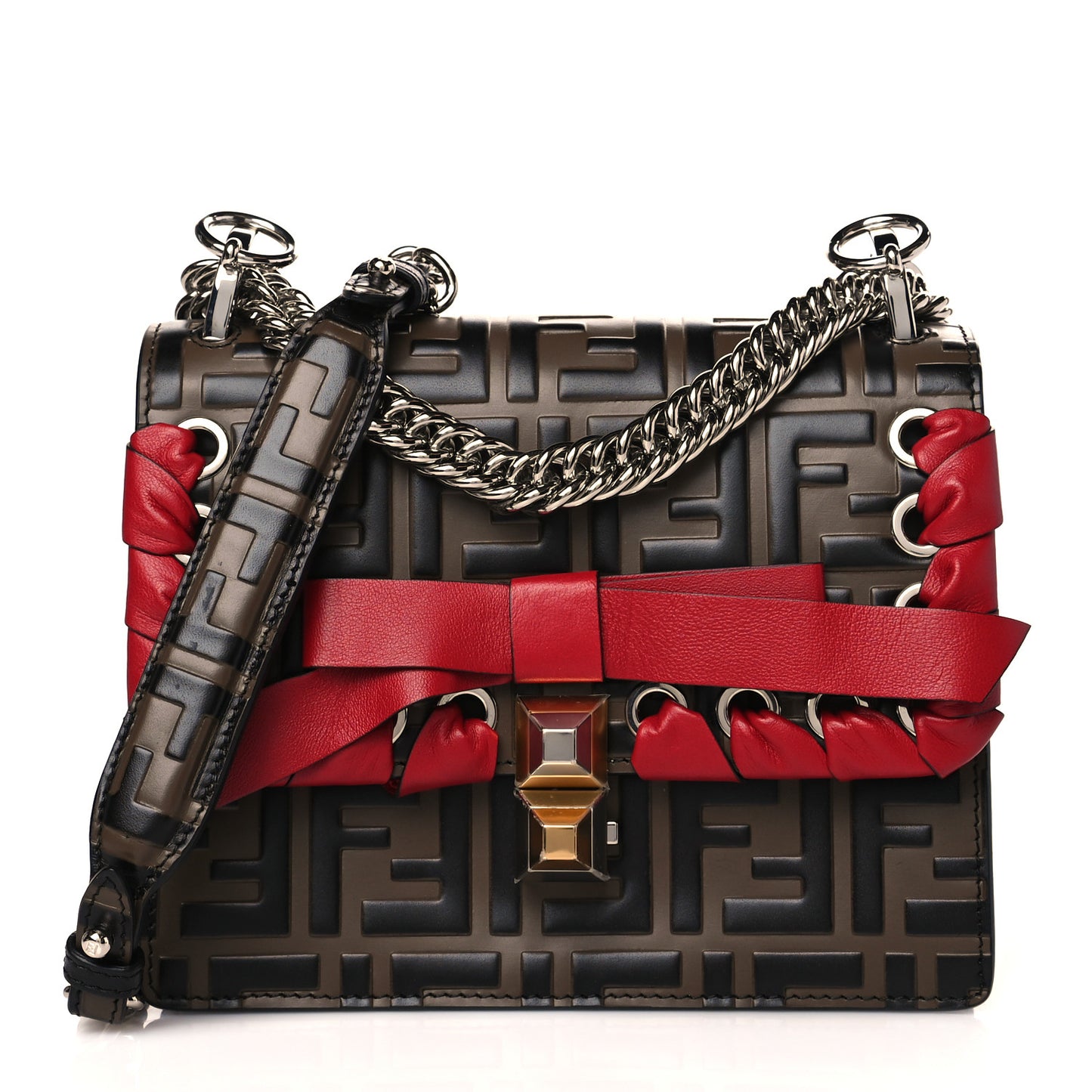 Vitello Shiny Nappa Bi-Color FF 1974 Lace Up Bow Embossed Small Kan I Shoulder Bag Maya Black Fragola