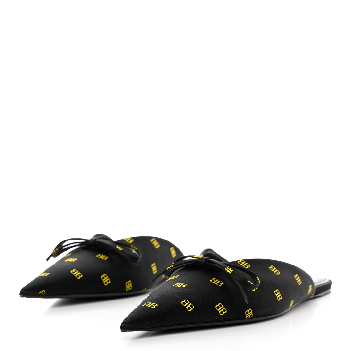 Crepe Satin BB Printed Pointy Toe Knife Flat Mules 36.5 Black Yellow